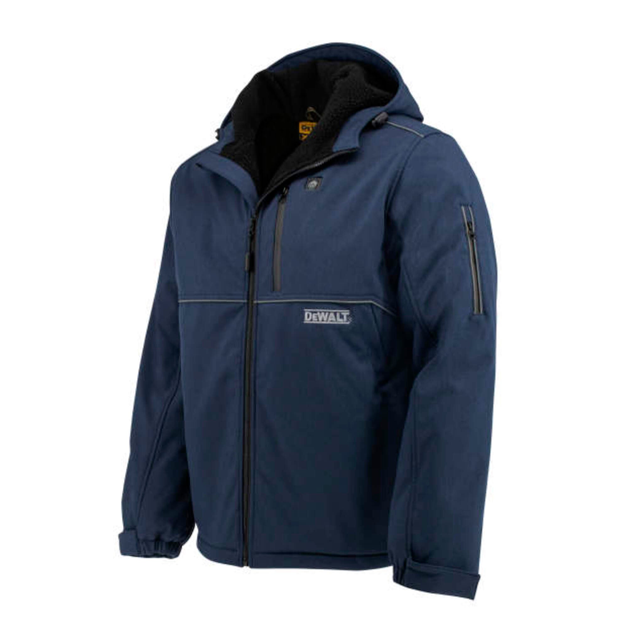 DEWALT® Men's Navy Heated Soft Shell Work Jacket with Battery – 3 Heating Zones, Waterproof, Reflective Piping, Comfortable Sherpa Lining | Sizes S-3XL