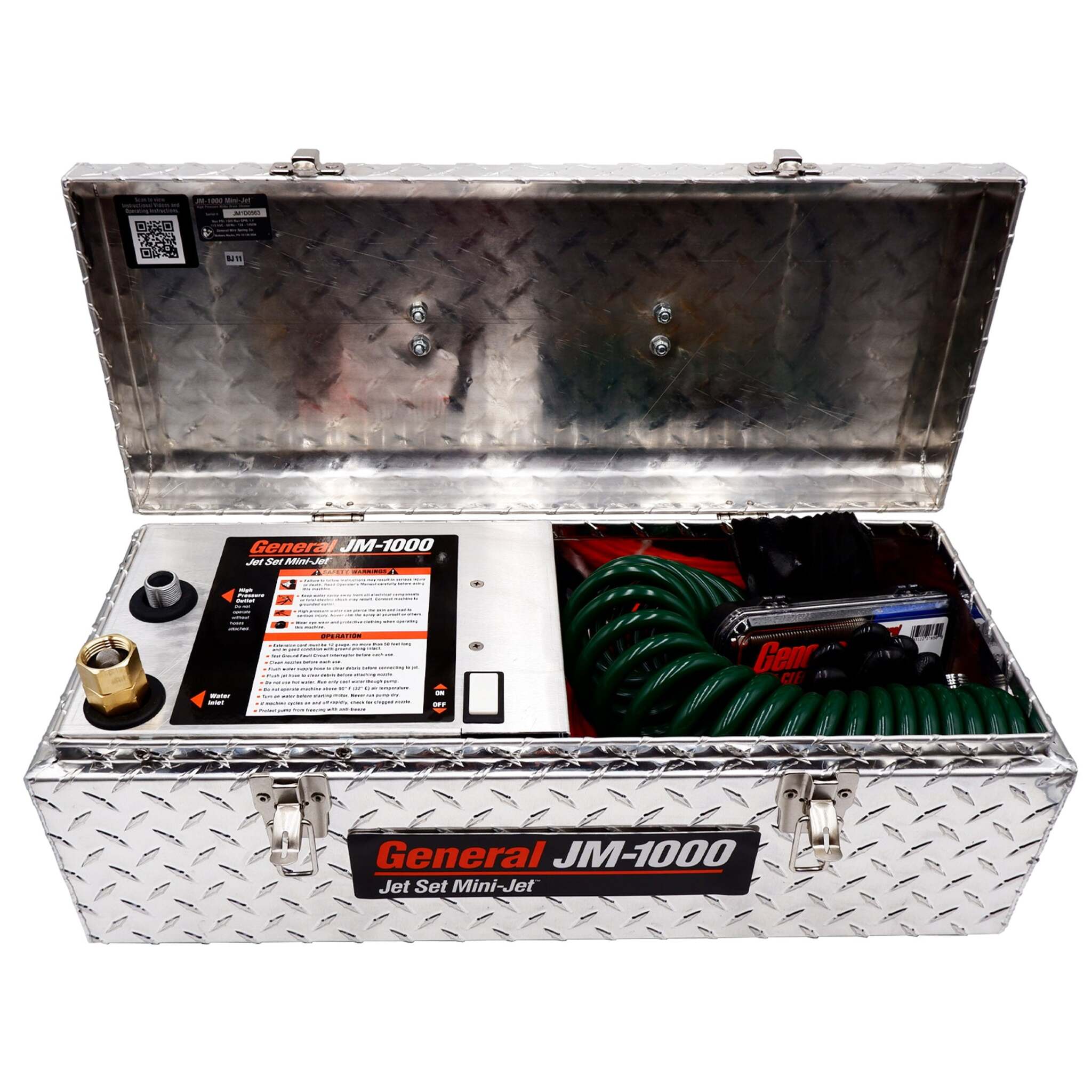 General JM-1000 Portable Drain Jetting Machine / Jetter for Indoor Sink, Floor, and Shower Drains – 1500 PSI, 1.4 GPM, Vibra-Pulse, 1-1/2"–3" Lines