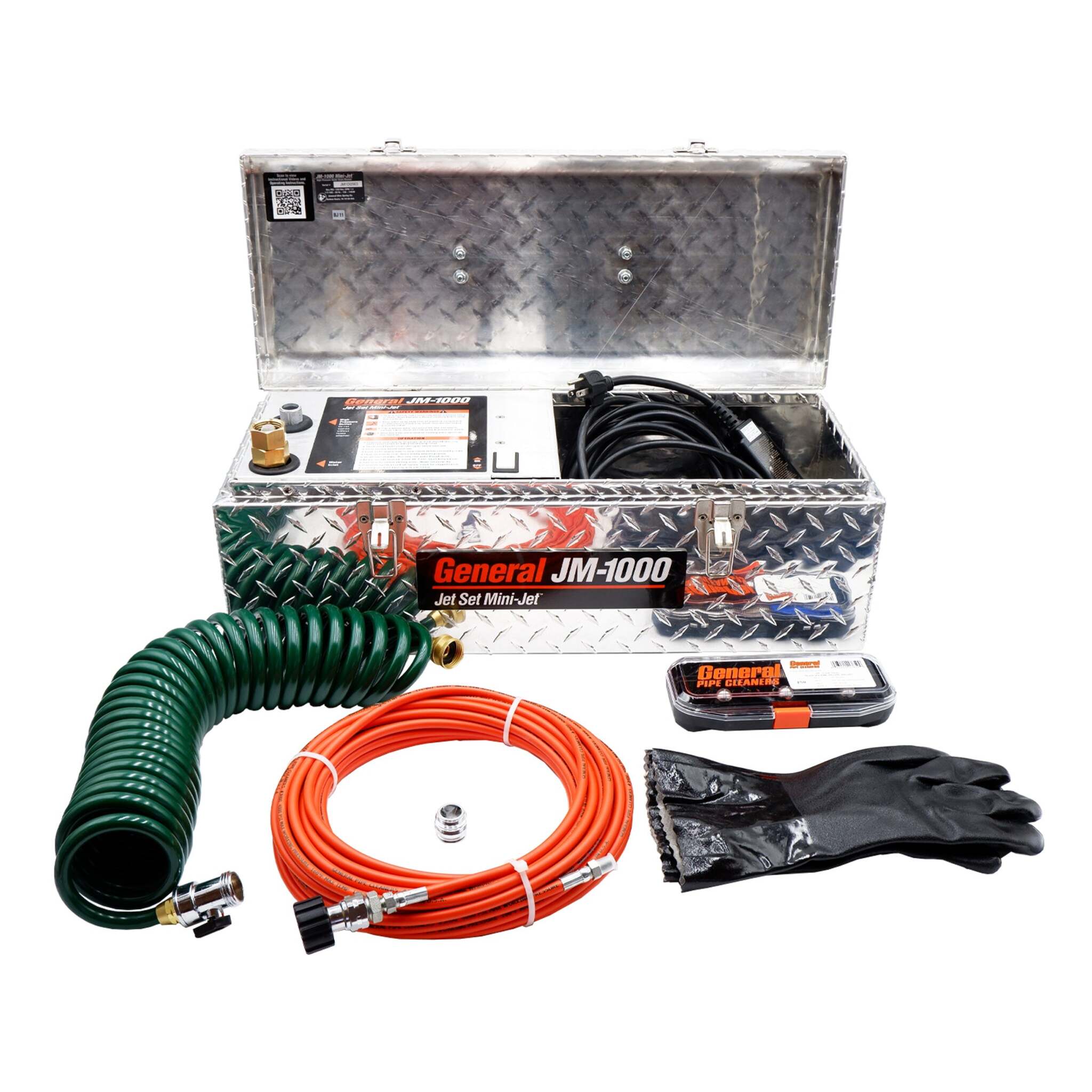 General JM-1000 X Portable Drain Jetting Machine / Jetter for Indoor Sink, Floor, and Shower Drains – 1500 PSI, 1.4 GPM, Vibra-Pulse, 1-1/2"–3" Lines