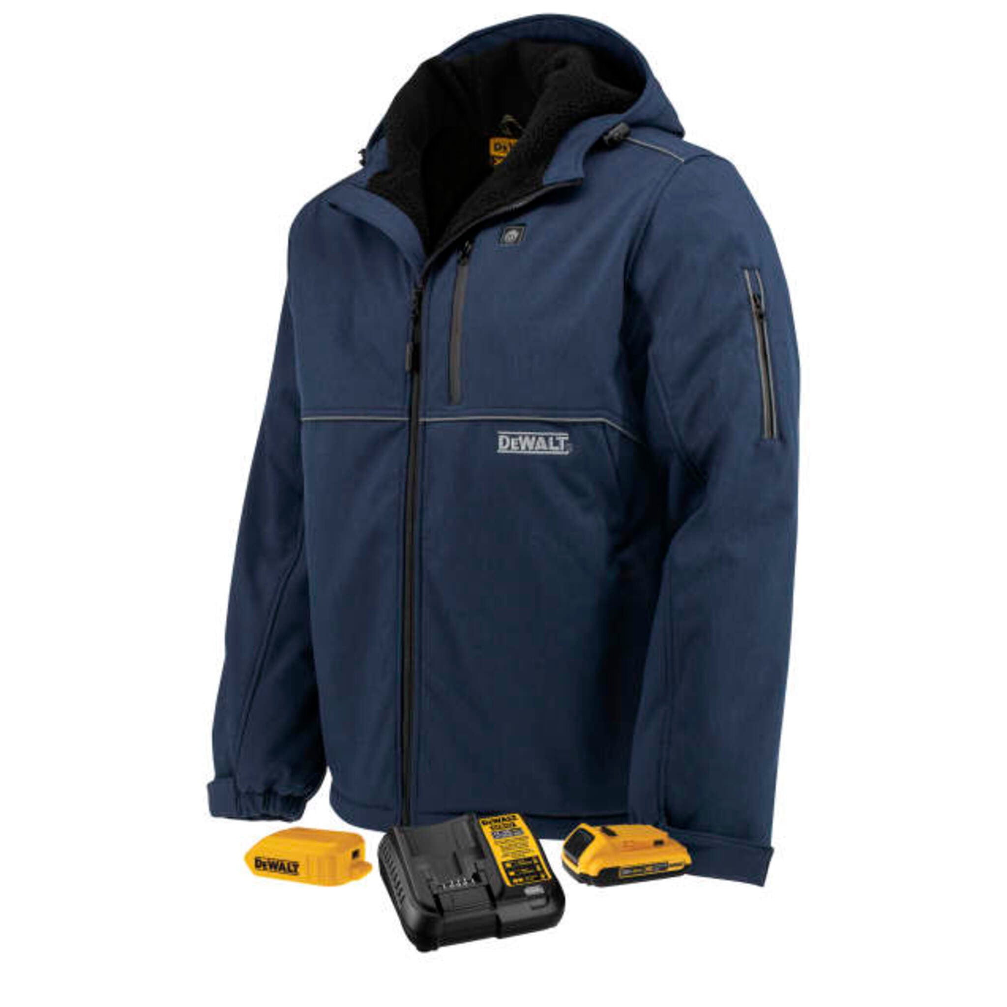 DEWALT® Men's Navy Heated Soft Shell Work Jacket with Battery – 3 Heating Zones, Waterproof, Reflective Piping, Comfortable Sherpa Lining | Sizes S-3XL