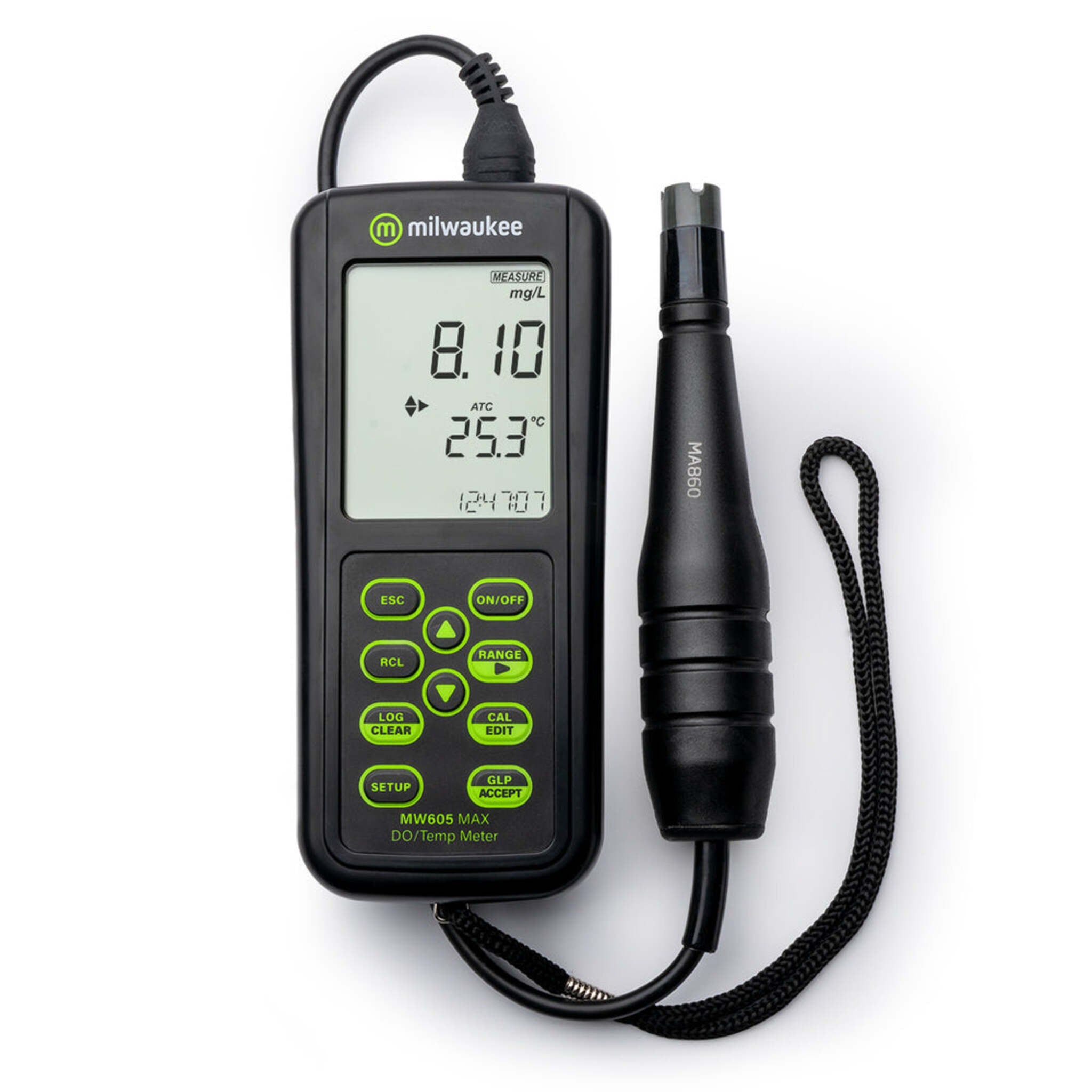 Milwaukee MW605 MAX Waterproof Galvanic Dissolved Oxygen Meter - High Accuracy, IP67, Large LCD, Auto Temp Compensation, Long Battery Life