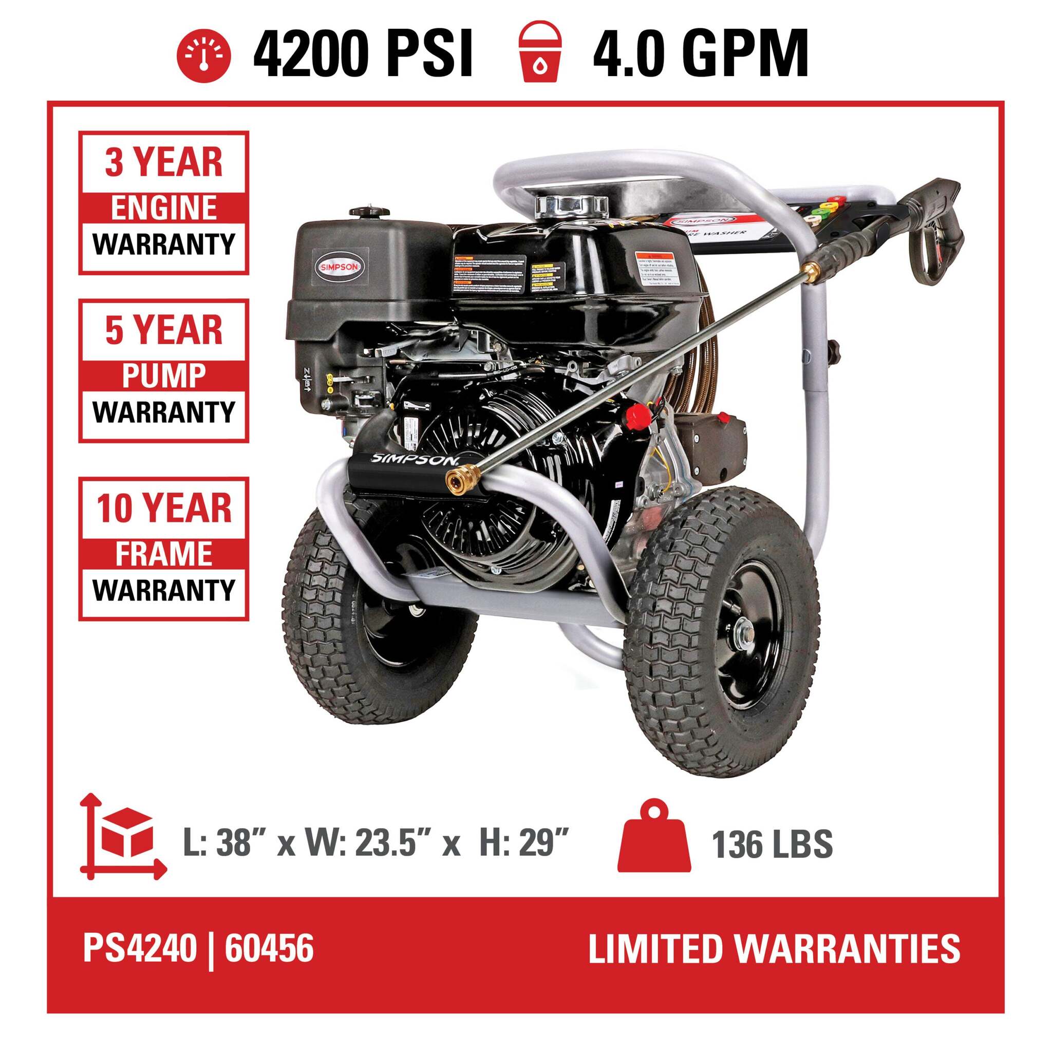 Simpson PS4240 PowerShot Cold Water Honda GX390 Gas Engine Pressure Washer - 4200 PSI, 4.0 GPM, Industrial Triplex Pump, 50-ft Hose, Quick-Connect Tip