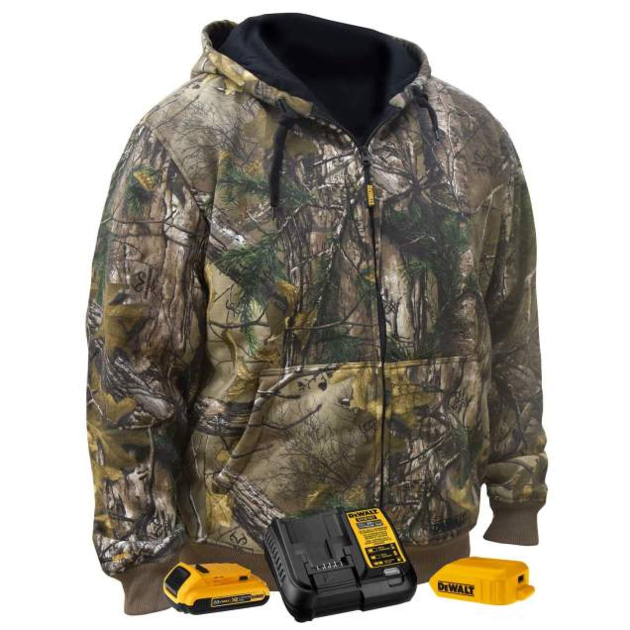 DEWALT® Men's Heated Realtree Xtra® Camouflage Hoodie with Battery – 3 Heating Zones, Thermal Waffle Knit Lining, Wind Resistant | Sizes S-3XL