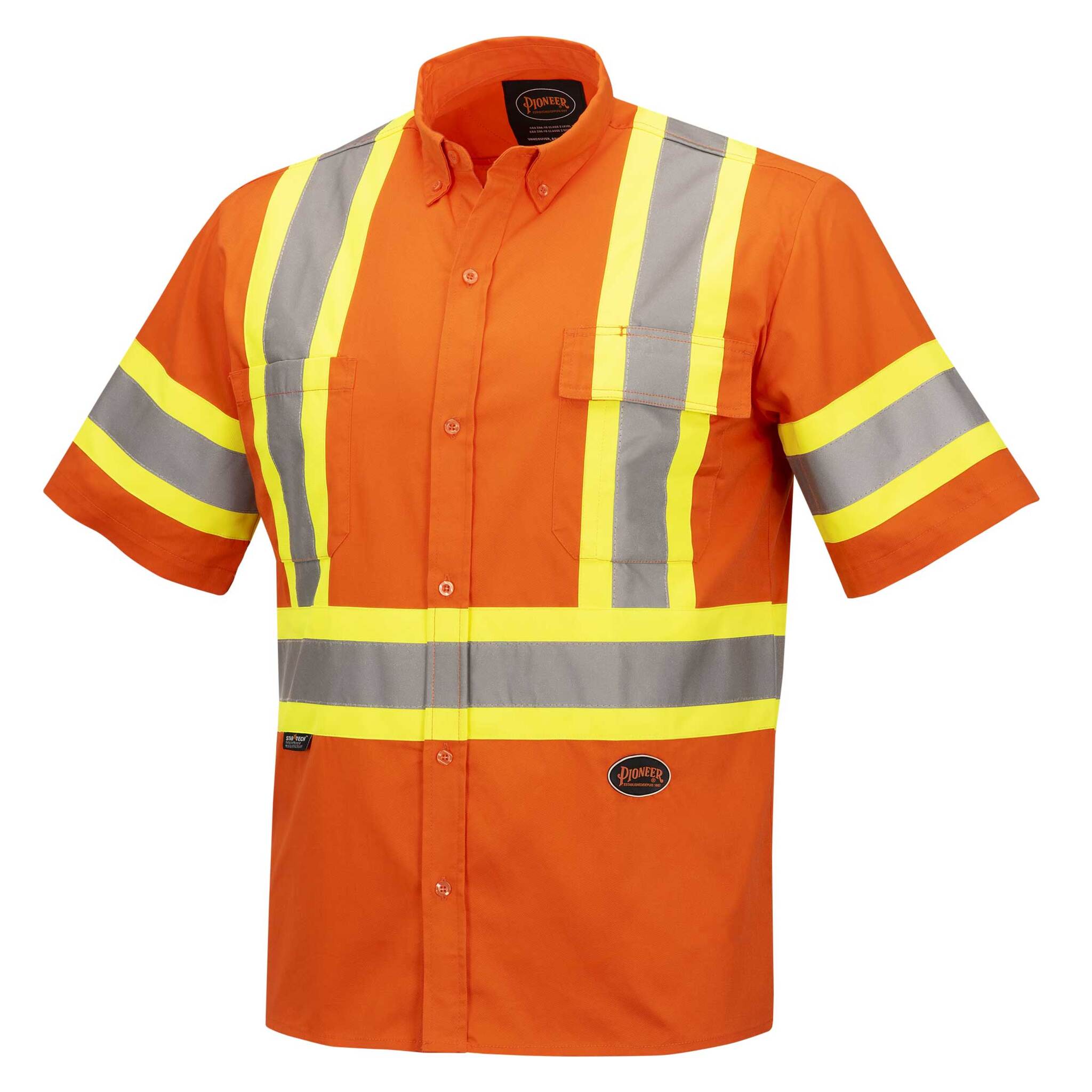 Pioneer Men's Hi Vis Short Sleeve Safety Shirt, CSA Certified, Cotton Button-Up, Reflective Tape, Breathable, Comfortable Workwear | Limited Sizes