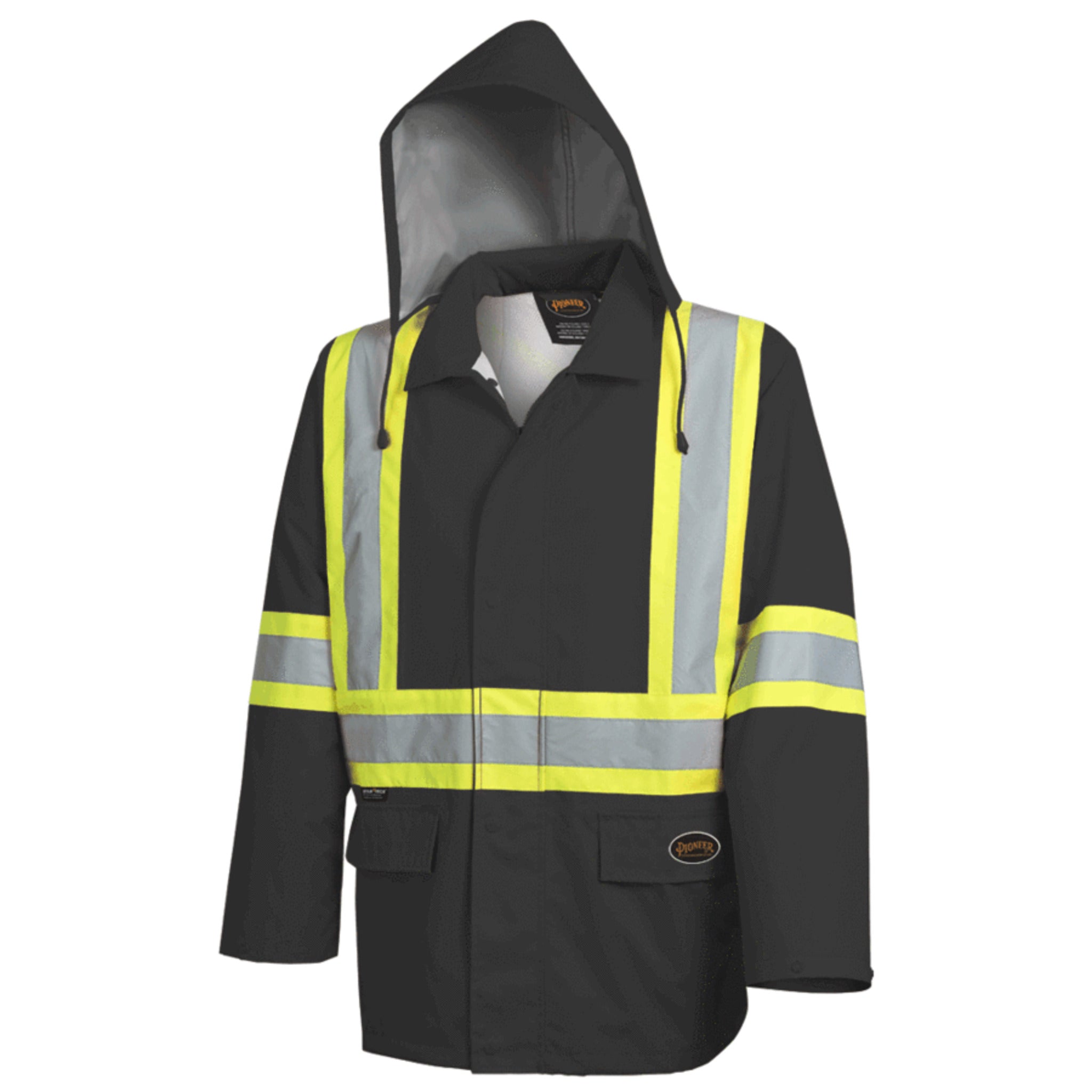 Pioneer Men's Hi-Vis Safety Rain Jacket "The Rock" 5628bk - 300D Oxford, CSA Waterproof, Durable, Functional, Reflective Tape, Durable Workwear