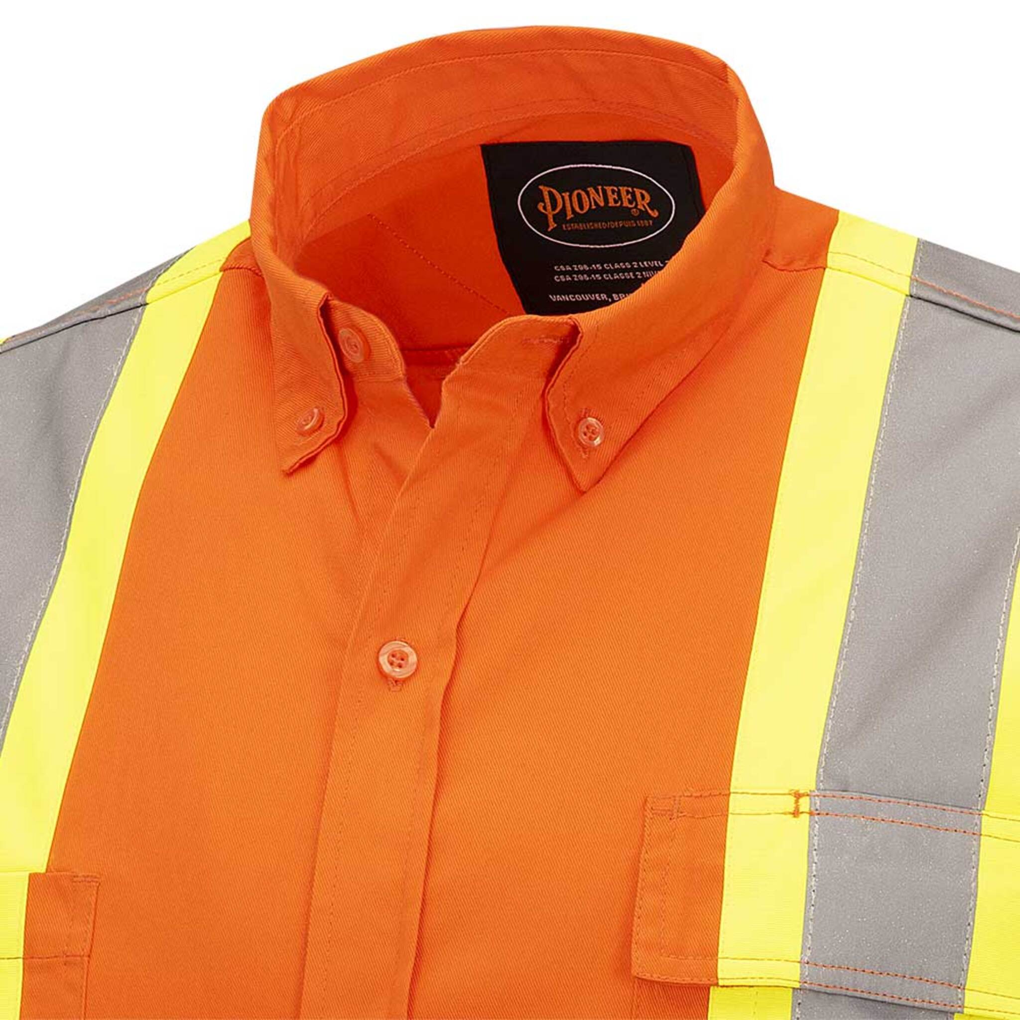 Pioneer Men's Hi Vis Short Sleeve Safety Shirt, CSA Certified, Cotton Button-Up, Reflective Tape, Breathable, Comfortable Workwear | Sizes S-4XL