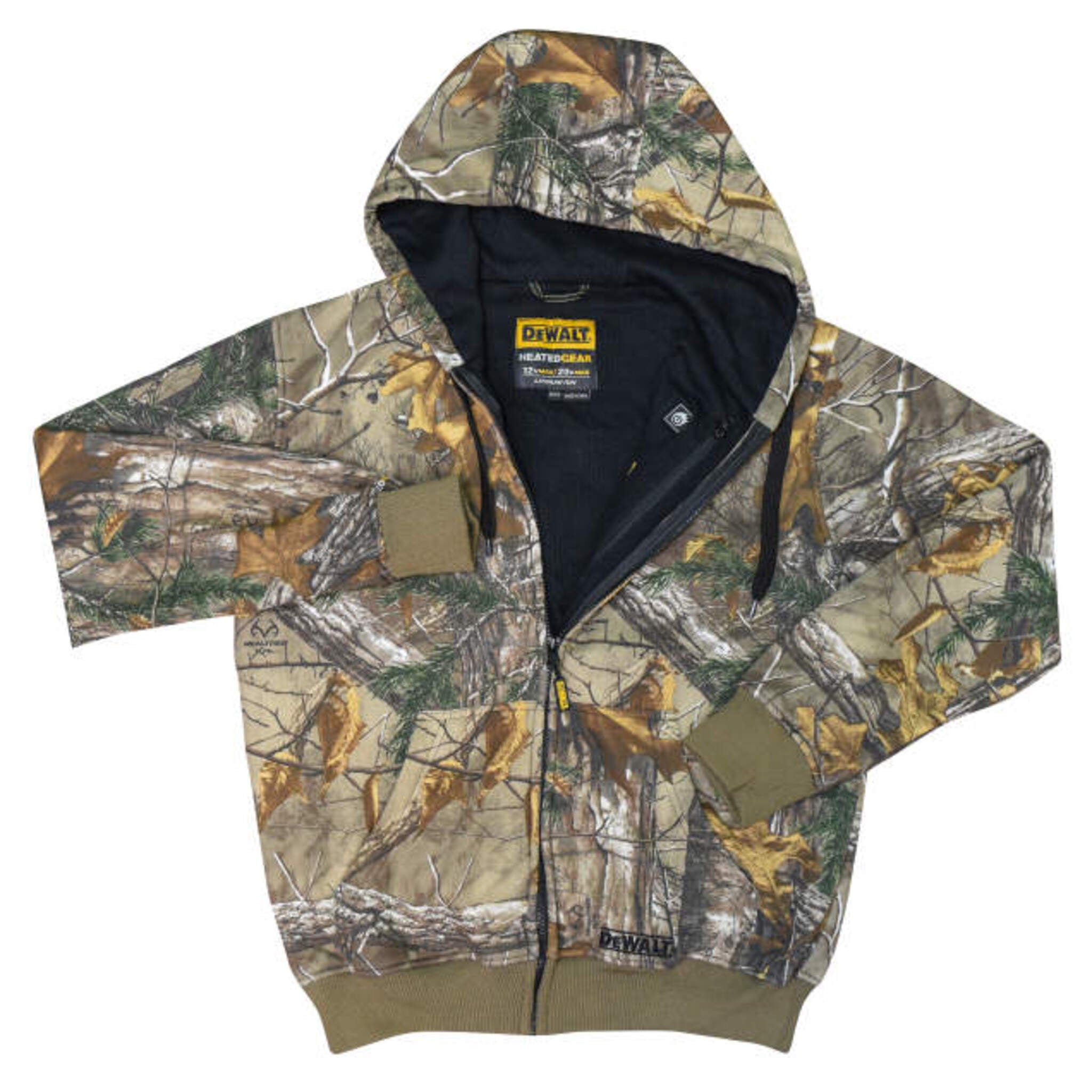 DEWALT® Men's Heated Realtree Xtra® Camouflage Hoodie with Battery – 3 Heating Zones, Thermal Waffle Knit Lining, Wind Resistant | Sizes S-3XL