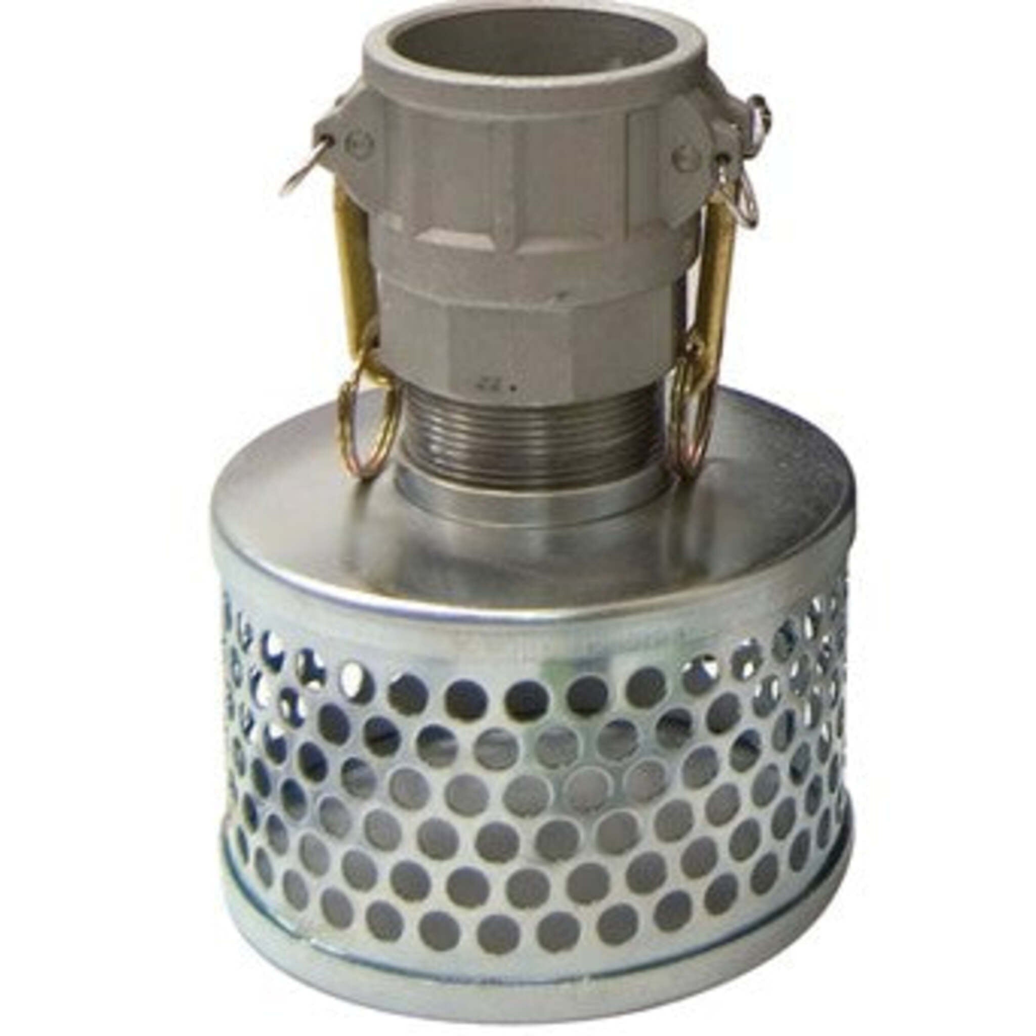 Round Hole Removable Strainer Assemblies - Sizes 1.5" to 8", Type D Aluminum Female Camlock, Galvanized Steel Nipple, Plated Steel Strainer