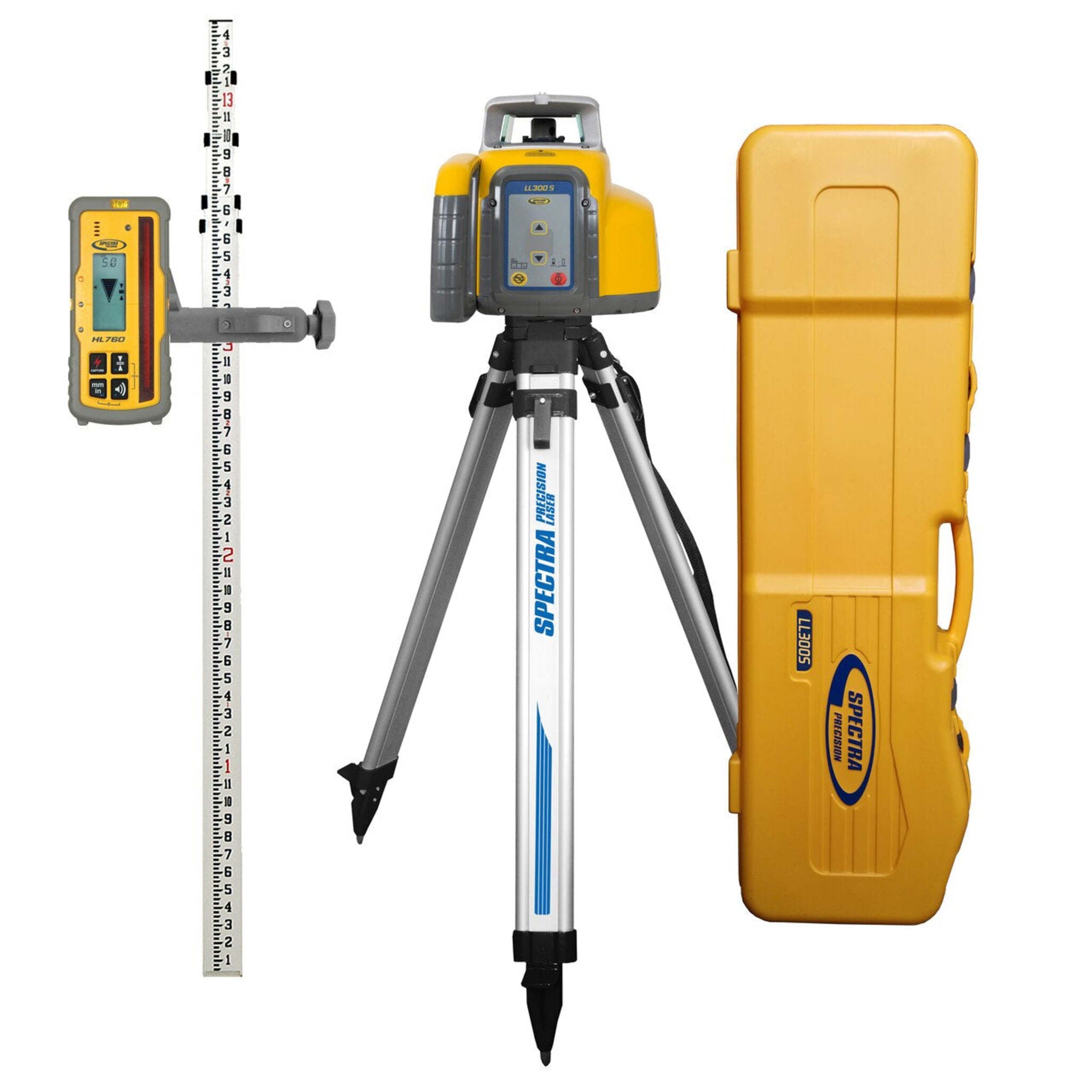 Spectra Precision LL300S-3 Laser Level Kit with HL450 Receiver, Tripod, Rod, 2600 ft Range, IP66, Automatic Leveling, in Case