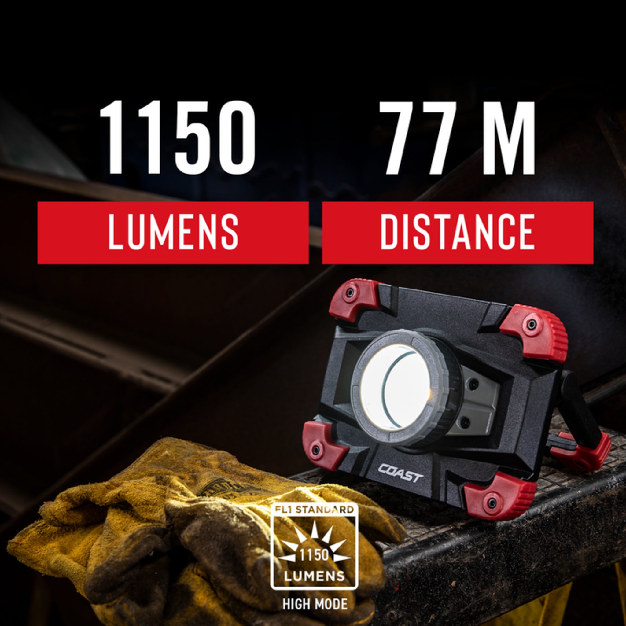 Coast® WLR1 Rechargeable Focusing Work Light - 1250 Lumens, 77M Beam, TWIST FOCUS™, 13-Hour Runtime, Dual Power, USB Power-Out, IP54 Rated