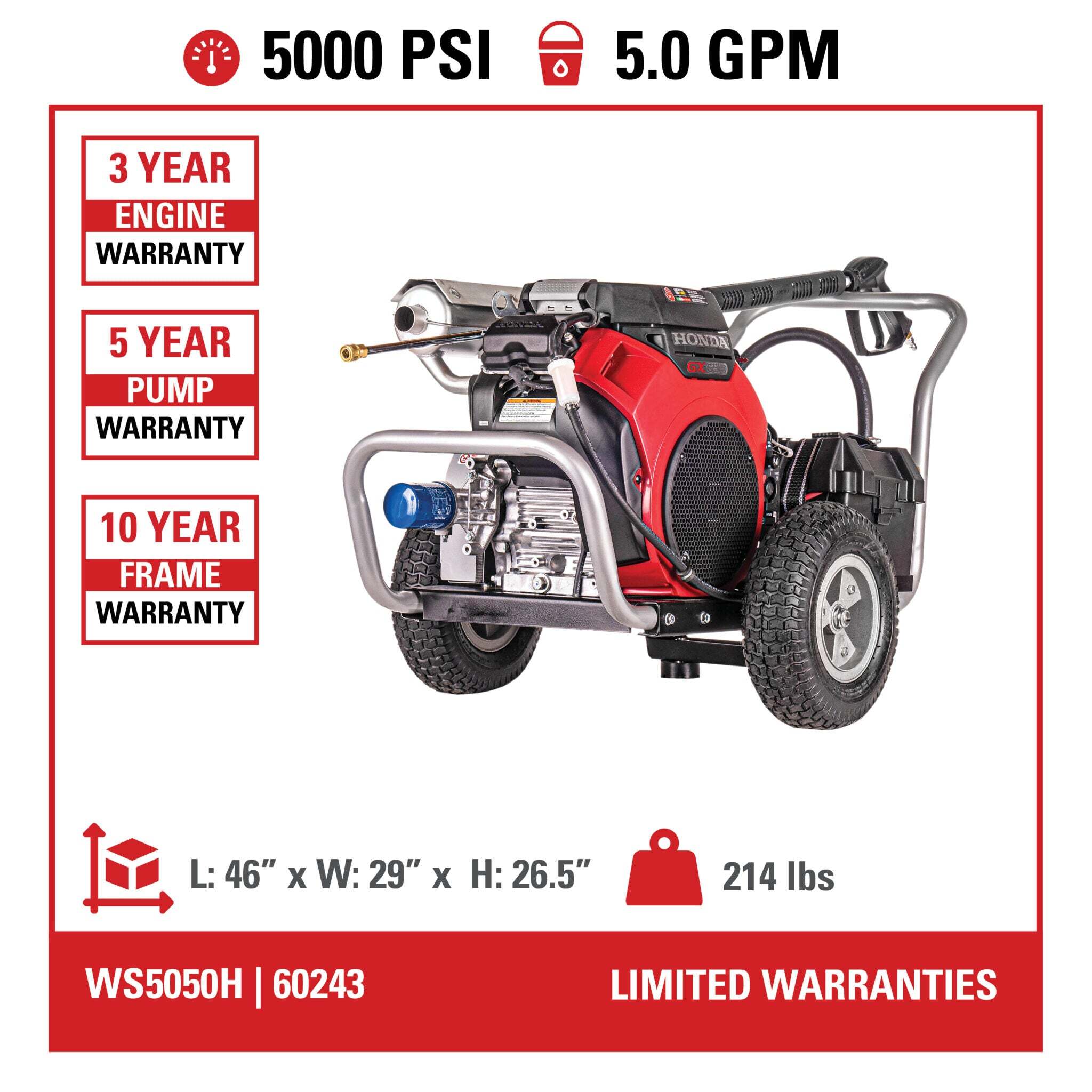 Simpson WS5050H Water Shotgun Cold Water Belt Drive Honda V-Twin GX630 Engine Pressure Washer - 5000 PSI, 5.0 GPM Triplex Pump, 50-ft Hose