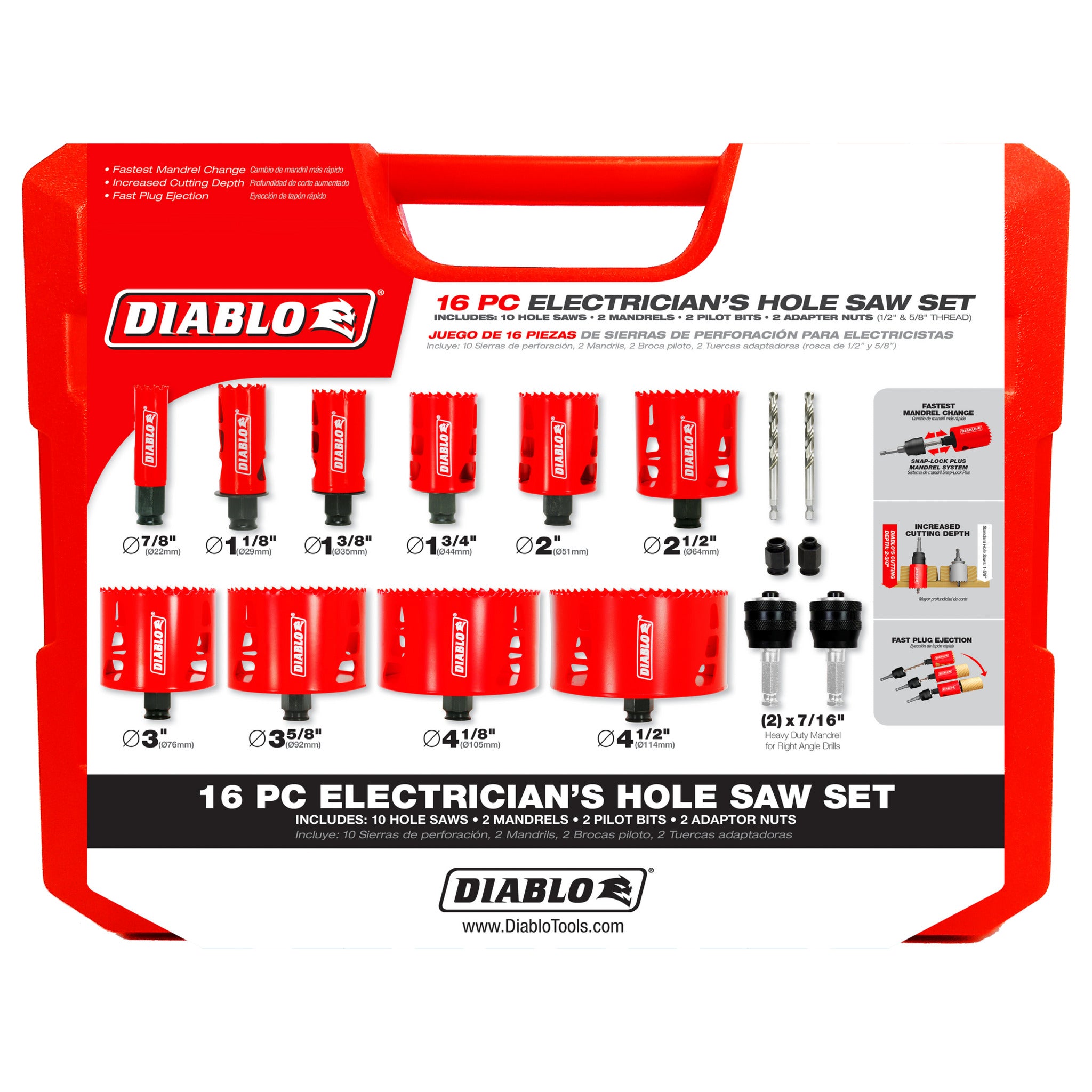 Diablo DHS16SEL 16-Piece Electrician's Bi-Metal Hole Saw Set with SnapLock PLUS Mandrels, Pilot Bits, Adaptors for Efficient Drilling and Precision