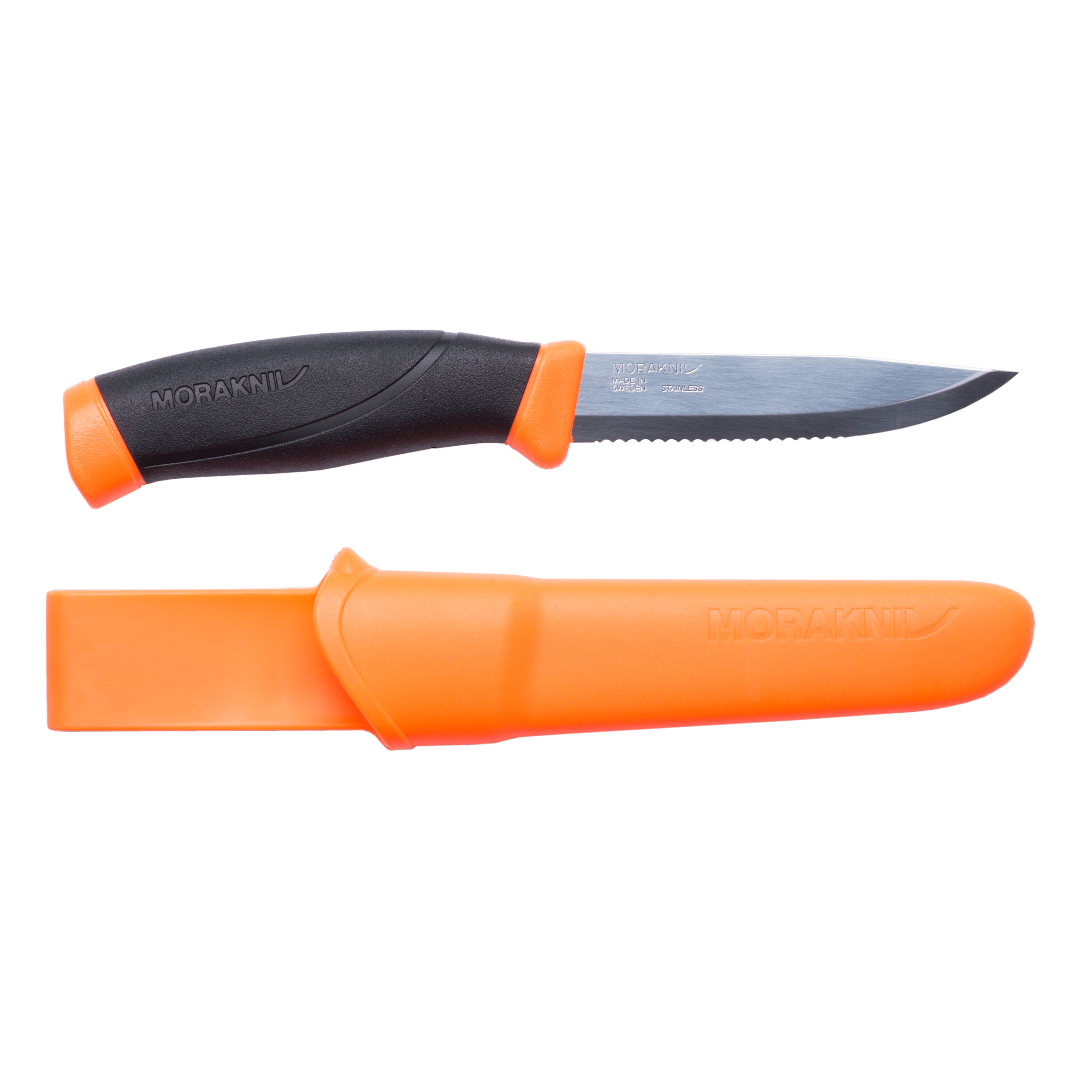 Morakniv Companion 4" Serrated Stainless Steel Blade Knife with Hi-Vis Orange Handle - Ergonomic Grip, and Sheath for Outdoor and Professional Use