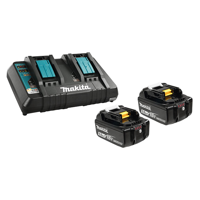 Makita Dual-Port Rapid Charger with 2 x 18V 5.0Ah Li-Ion Batteries | Fast 45-Min Charging, Smart CPU, Optimum Power System for 'Z' Tools