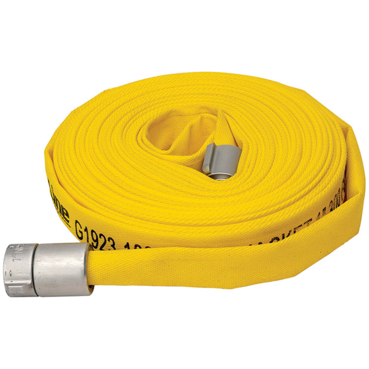 Lightweight Fire Hose Assembly, 1" ID, Single Jacket, 300 PSI, Polyurethane Lined, Yellow, NPSH Fittings, 50 Ft
