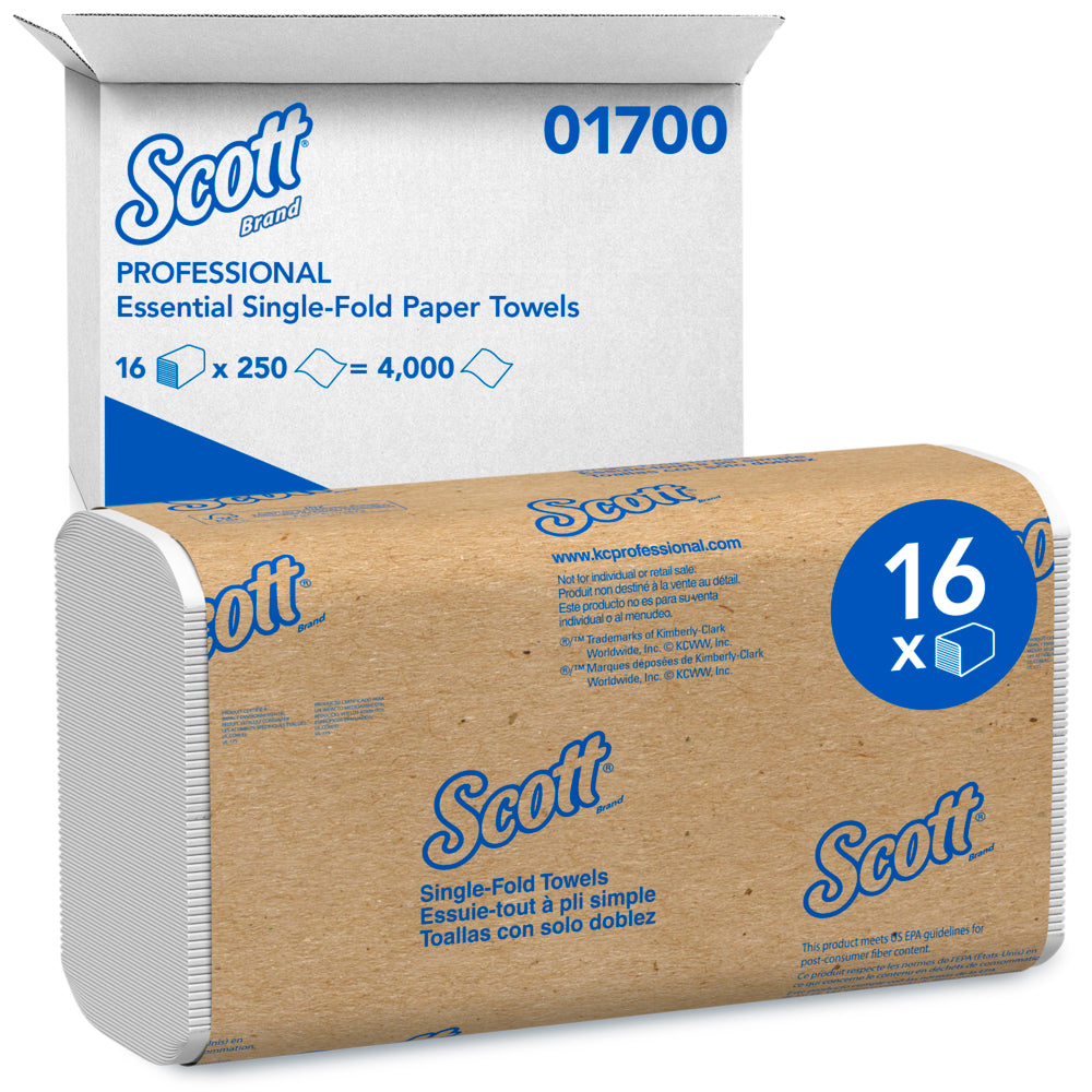 Scott® Essential Single Fold White Paper Towels - 250 Towels Per Clip - Case of 16 Clips