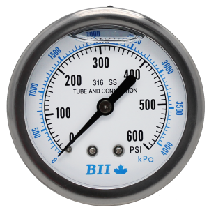 2-1/2" Liquid Filled Pressure Gauge, 1/4" Brass Center Back Mount, 304 Stainless Steel, NSF/ANSI 372 Compliant, Ideal for Corrosive Environments