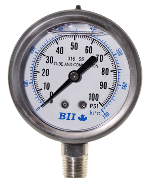 Boshart 2-1/2" Lower Mount Stainless Steel Liquid Filled Pressure gauge