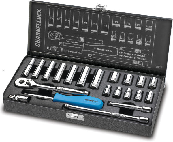 ChannelLock 1/4" SAE Drive Socket Set with DYNA DRIVE® Tech, 45 Gear Teeth Ratchet, Standard & Deep Well Sockets, Extensions & Steel Case | 21PC