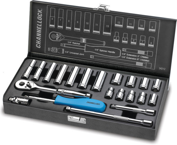 ChannelLock 34212 1/4" Metric Drive Socket Set - DYNA DRIVE Torque System, 9 Standard & 7 Deep Well Sockets, Quick Release Ratchet, Steel Case | 21pcs