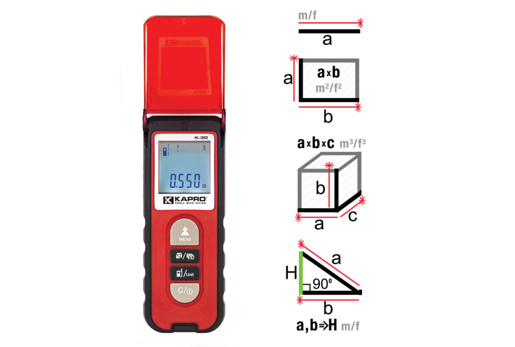 Kapro 363 Kaprometer™ K-30 Laser Distance Measure - Beamfinder™ Flip Cover, 30m Range, ±2mm Accuracy, Backlit LCD, Durable Rubber Casing