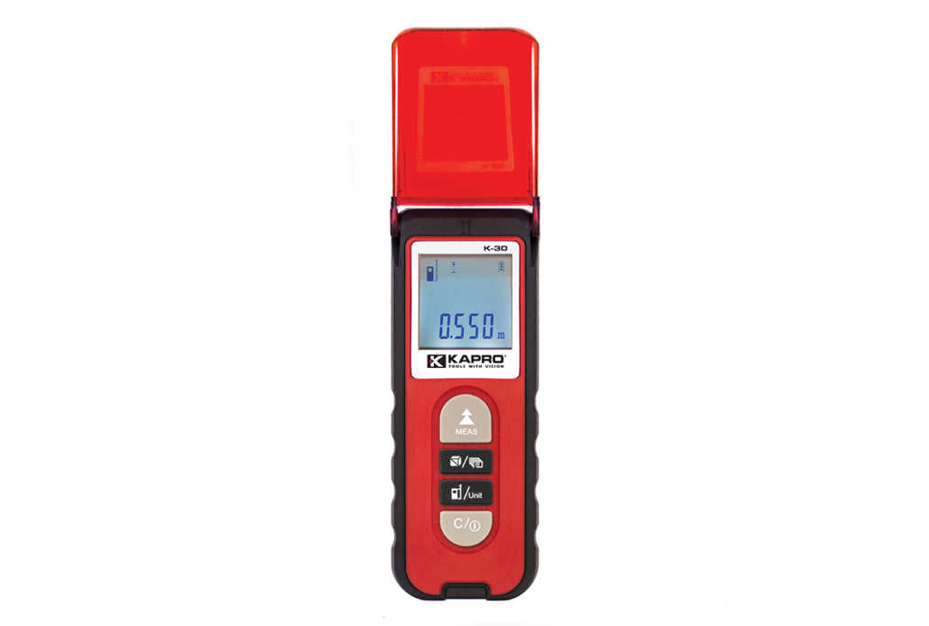 Kapro 363 Kaprometer™ K-30 Laser Distance Measure - Beamfinder™ Flip Cover, 30m Range, ±2mm Accuracy, Backlit LCD, Durable Rubber Casing