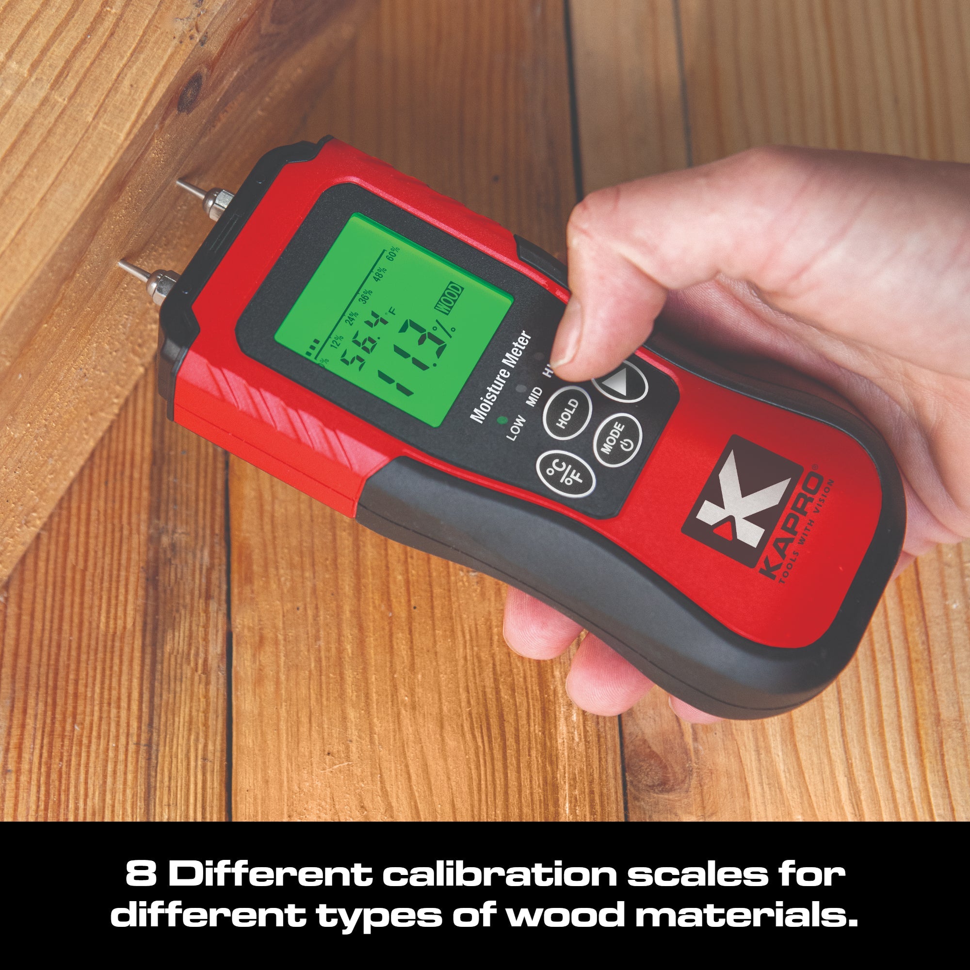 Kapro 379 Moisture Meter with Temperature Detection - 8 Calibration Scales, Backlit LCD, Auto Power-Off, Dual Measurement for Wood & Building Material