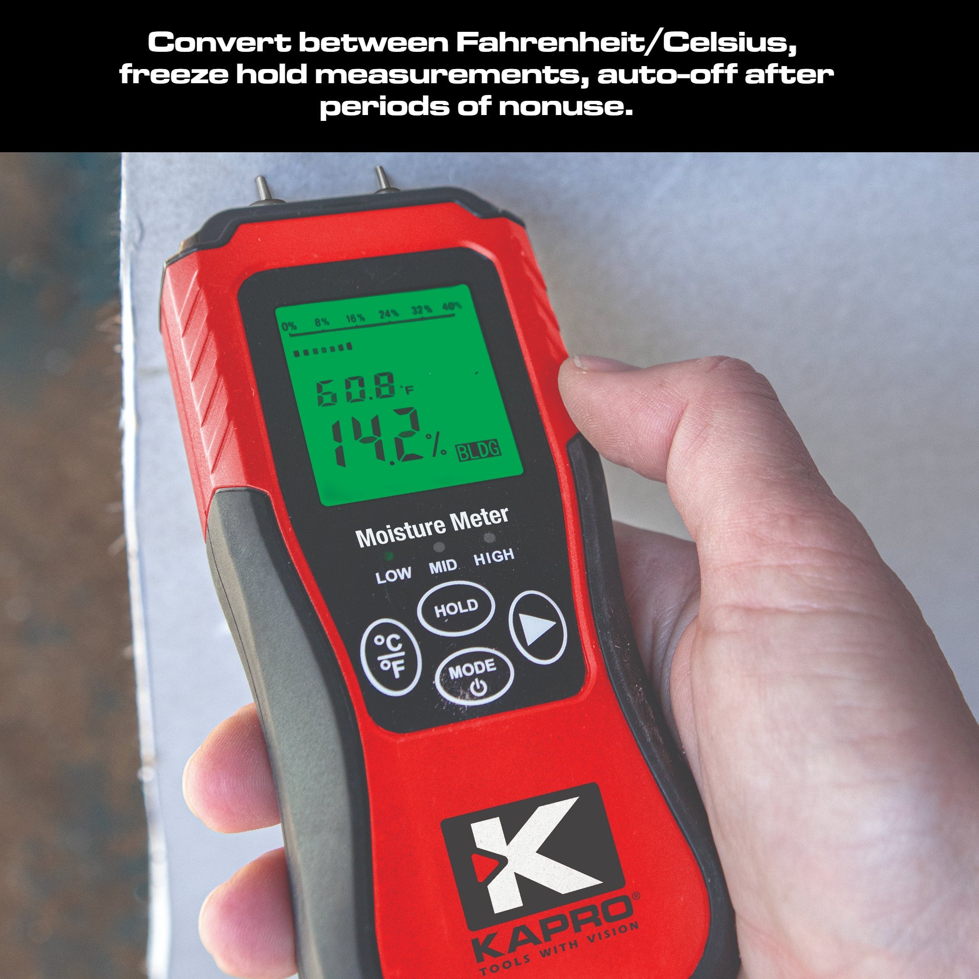 Kapro 379 Moisture Meter with Temperature Detection - 8 Calibration Scales, Backlit LCD, Auto Power-Off, Dual Measurement for Wood & Building Material