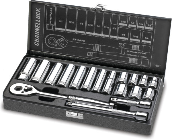 ChannelLock 38181 3/8" SAE Drive Socket Set - DYNA DRIVE Torque System, 6pt Chrome Vanadium Sockets, Spark Plug Socket, Steel Case, Extensions | 18pcs