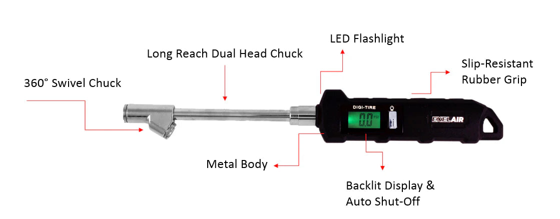 Milton EXELAIR® Digital Tire Pressure Gauge w/ 360 Swivel Dual Head Air Chuck - 5-100 PSI, Accurate, Durable, LED Display, Safety Certified