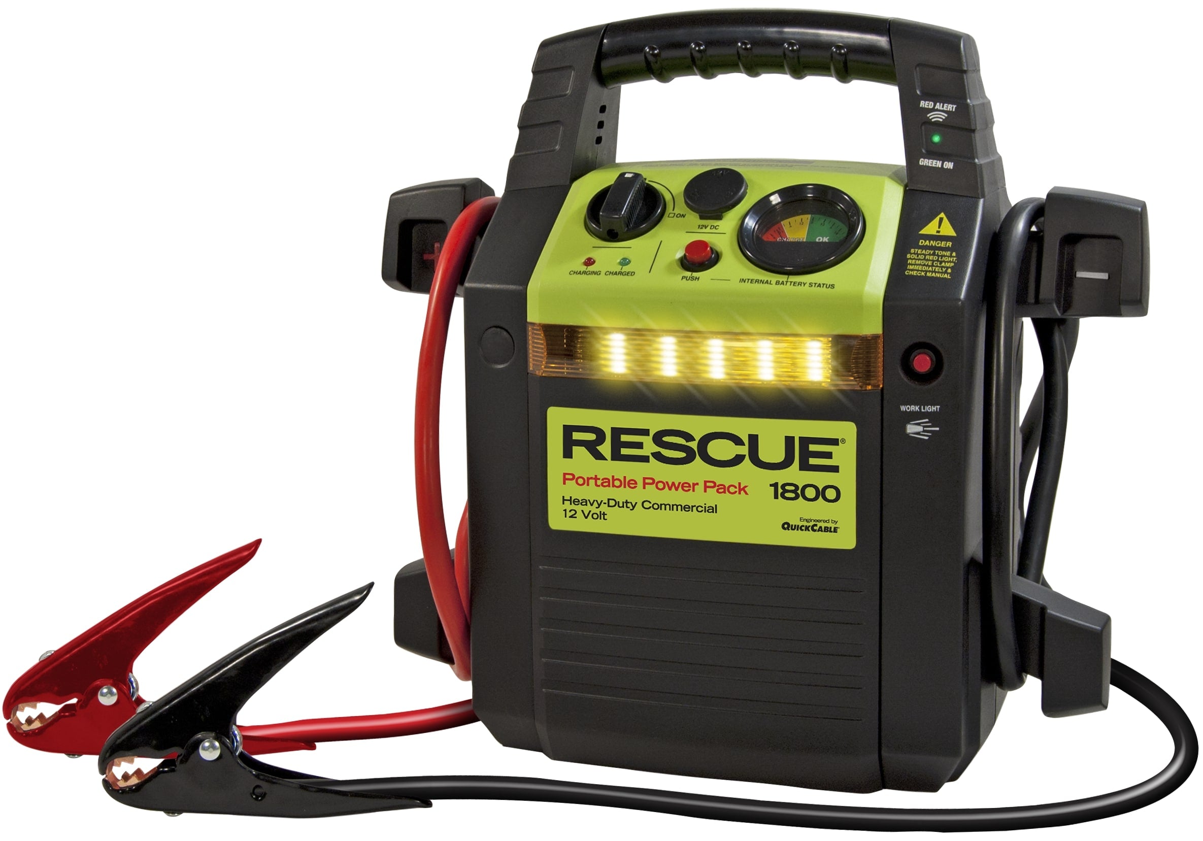 Quick Cable 1800 RESCUE Jump Pack - Dual 20AH AGM Batteries, 700 Cranking/1500 Peak Amps, 2-Gauge 5-Ft Cables, Work Light, 12V Outlet, Polarity Alarm