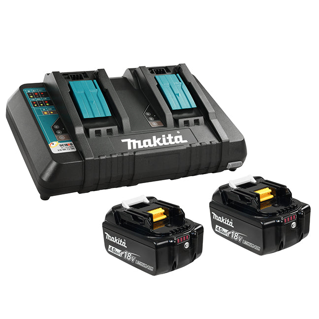 Makita 2 x 18V (4.0 Ah) Li-Ion Battery & Dual-Port Rapid Charger Kit | Fast 36-Min Charging, Smart CPU, Efficient Power for 'Z' Tools