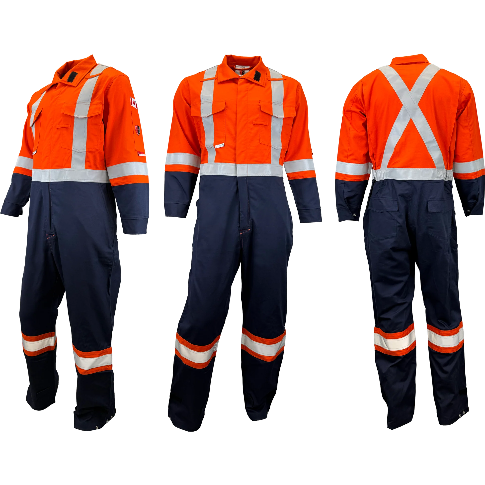 Atlas Guardian FR/AR hi vis 2 tone coveralls in orange and navy, shown from front, side, and back views.