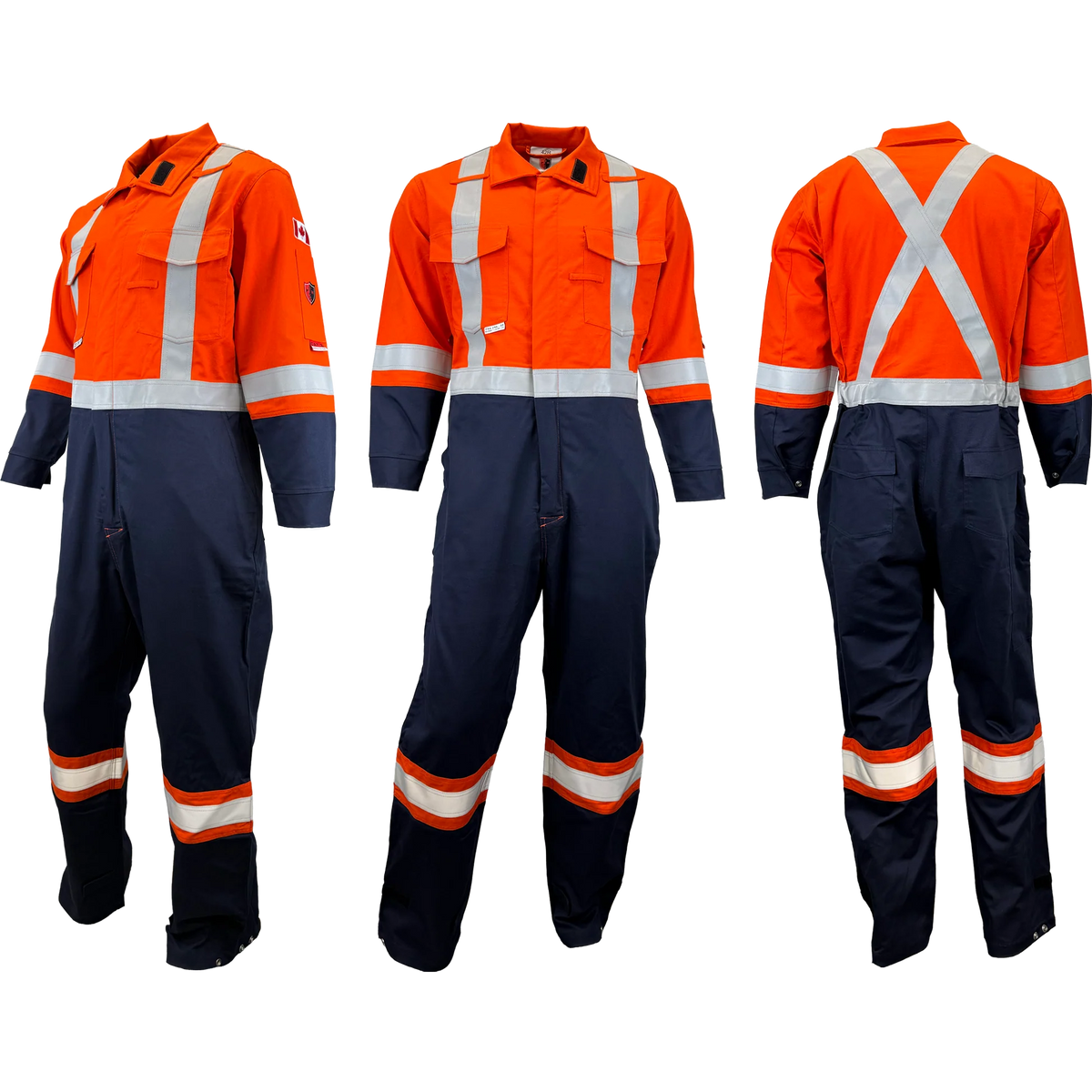 Atlas Guardian FR/AR hi vis 2 tone coveralls in orange and navy, shown from front, side, and back views.