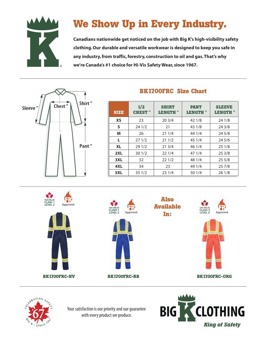 BK1700FRC-NV Size Chart
