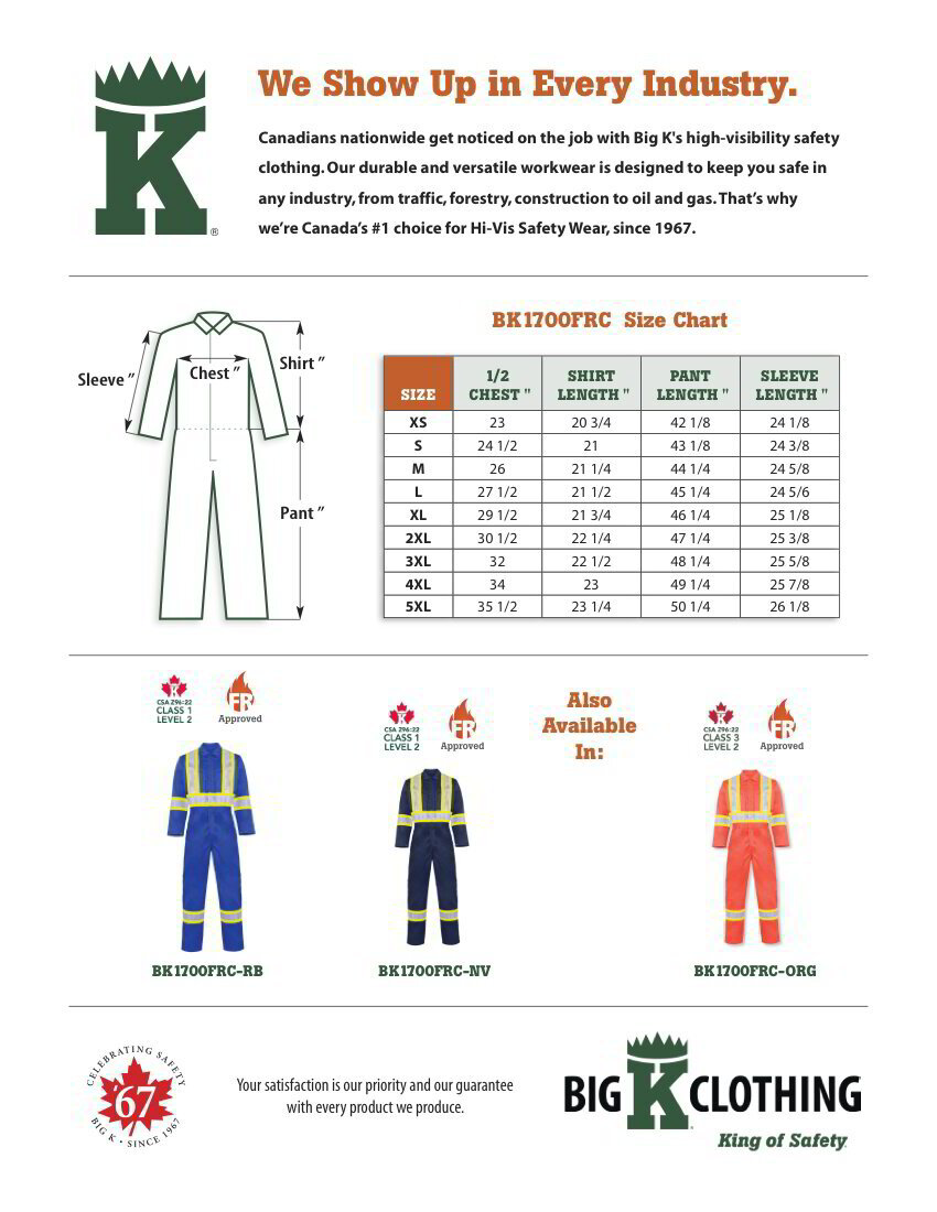 BK1700FRC-RB Size Chart
