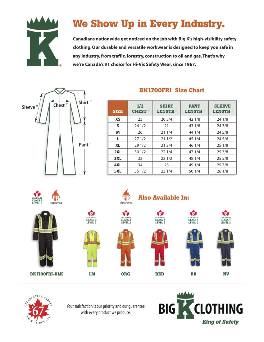 BK1700FRI-BLK Size Chart