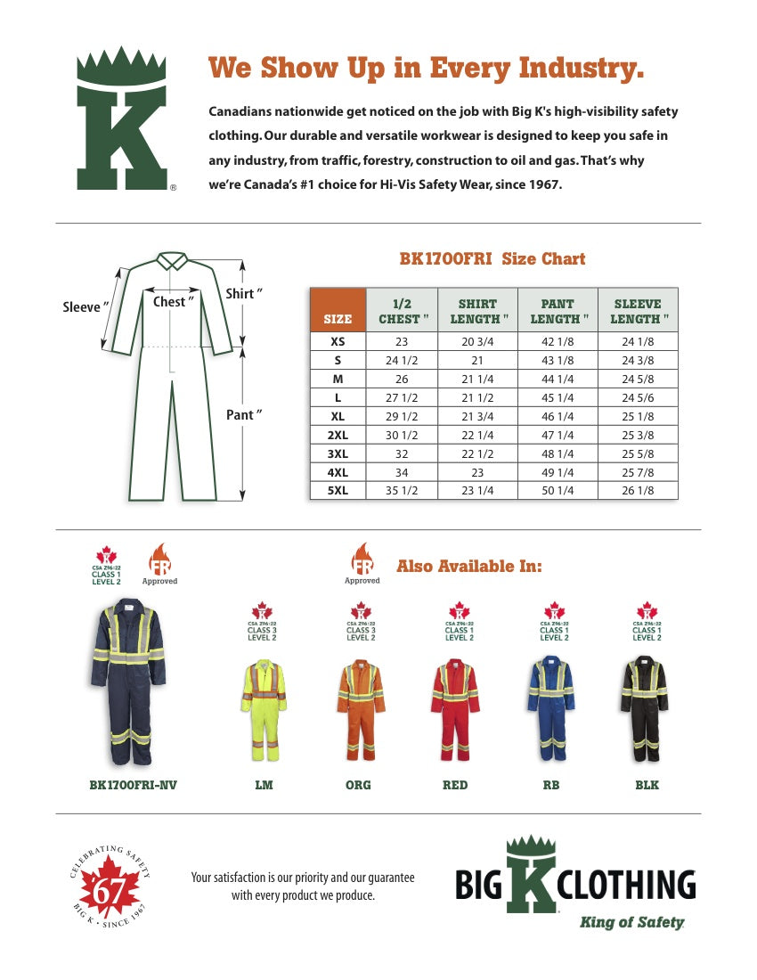 BK1700FRI-NV Size Chart