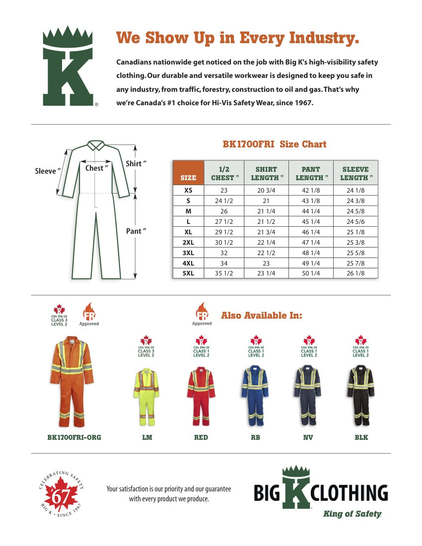 BK1700FRI-ORG Size Chart