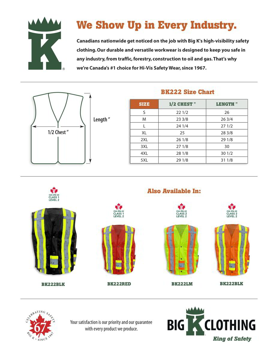 BK222BLK Size Chart