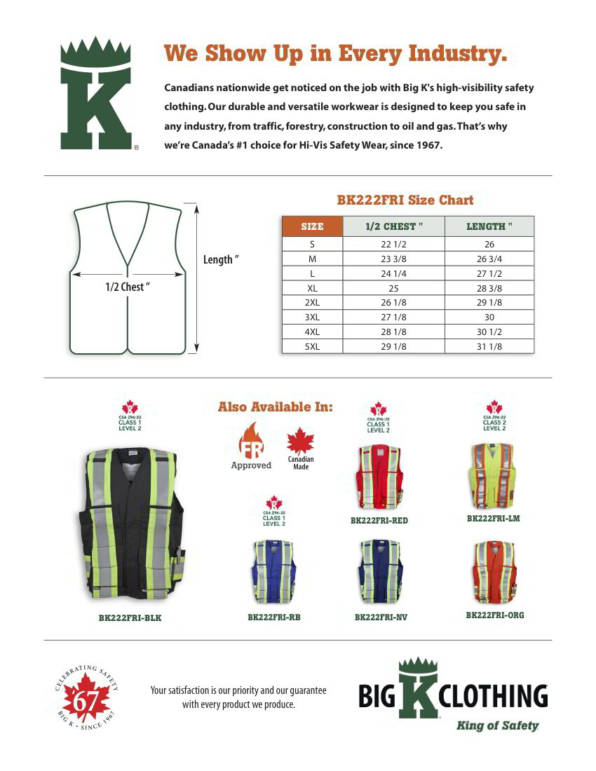 BK222FRI-BLK Size Chart
