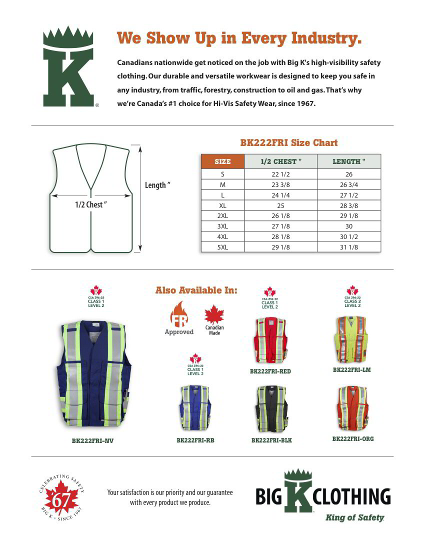 BK222FRI-NV Size Chart