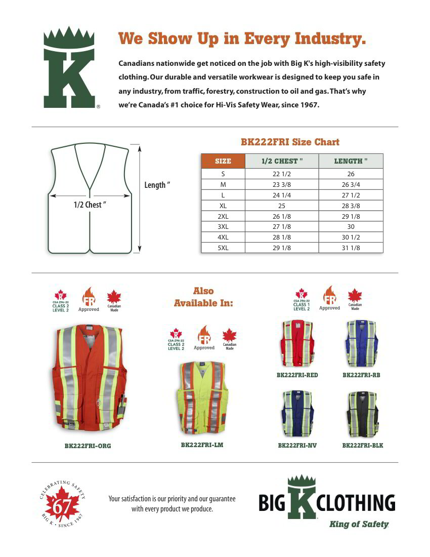 BK222FRI-ORG Size Chart