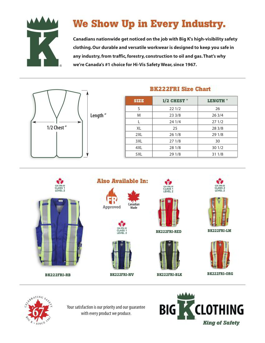 BK222FRI-RB Size Chart