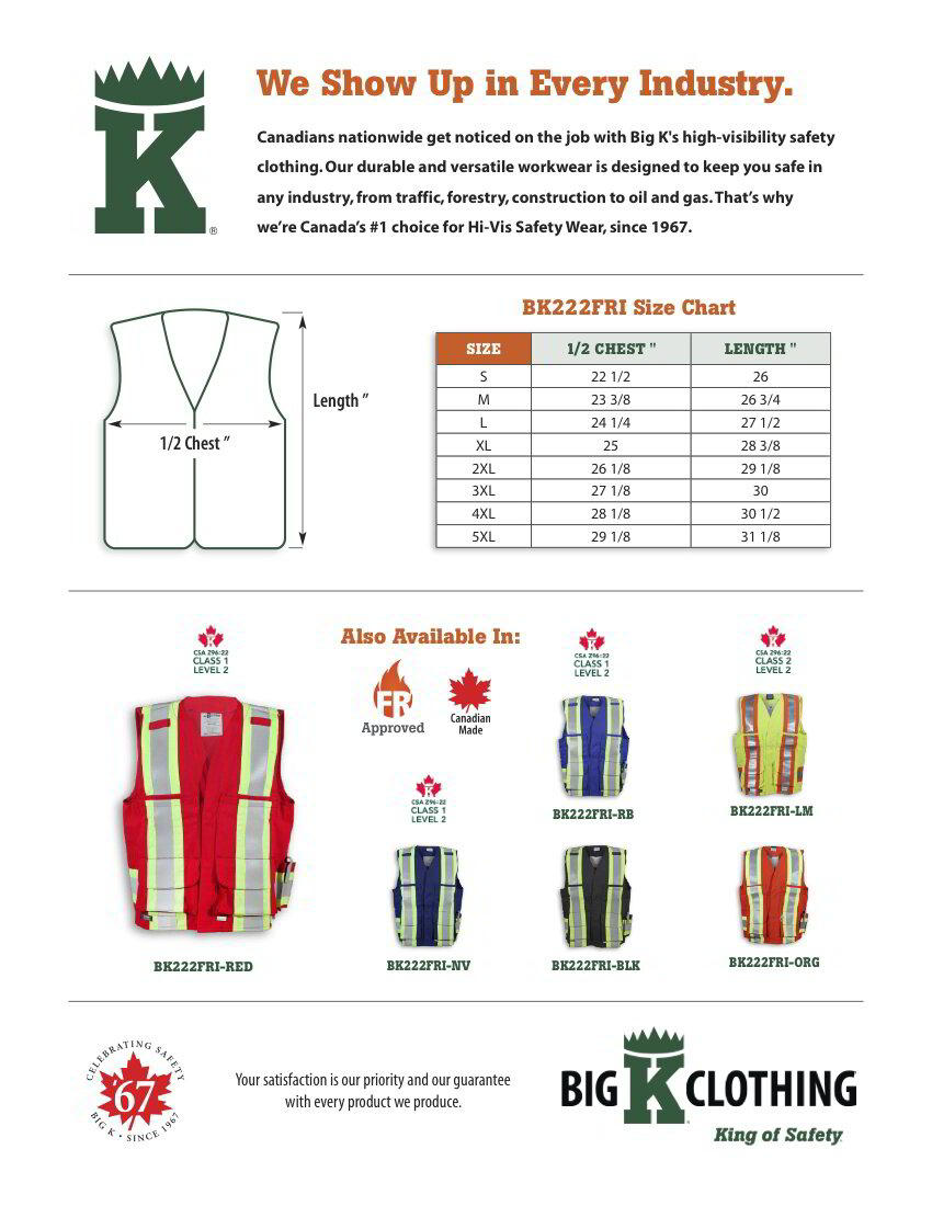 BK222FRI-RED Size Chart