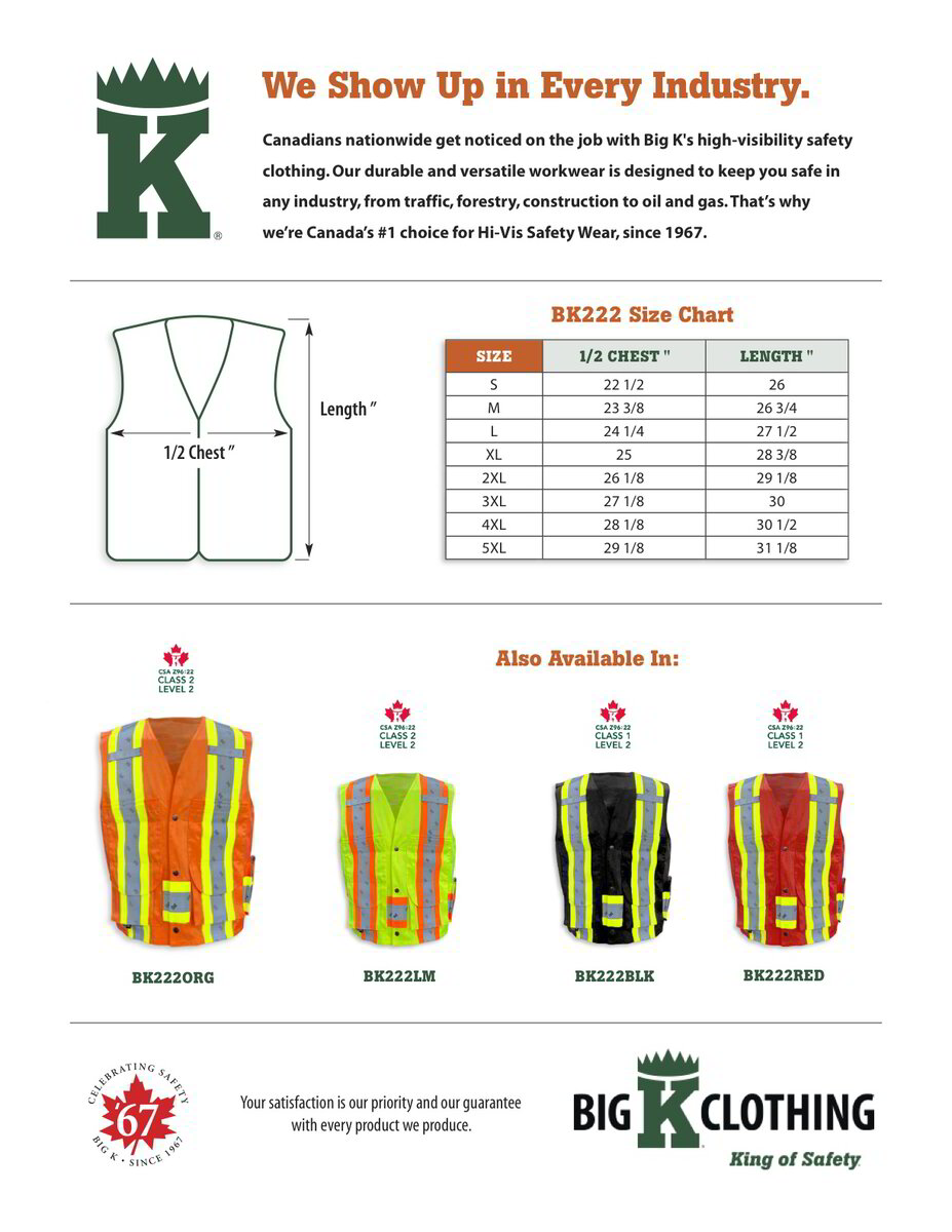 BK222ORG Size Chart