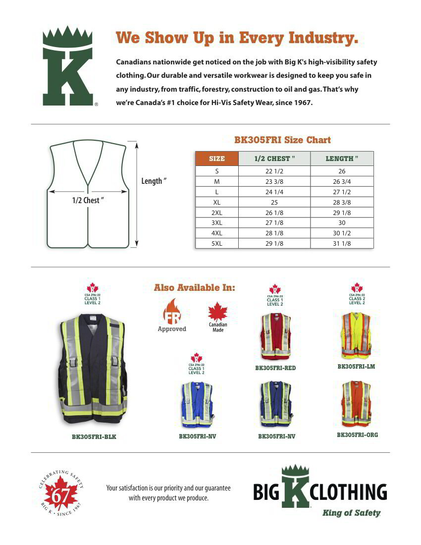 BK305FRI-BLK Size Chart