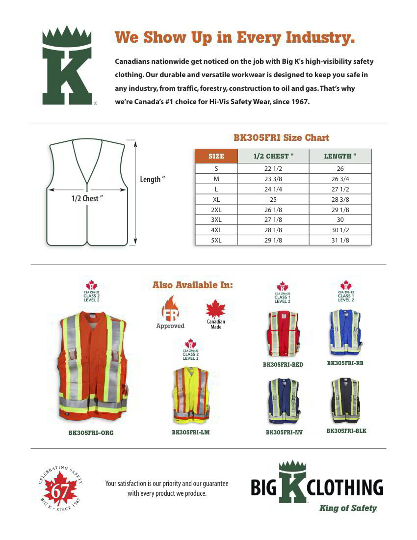 BK305FRI-ORG Size Chart