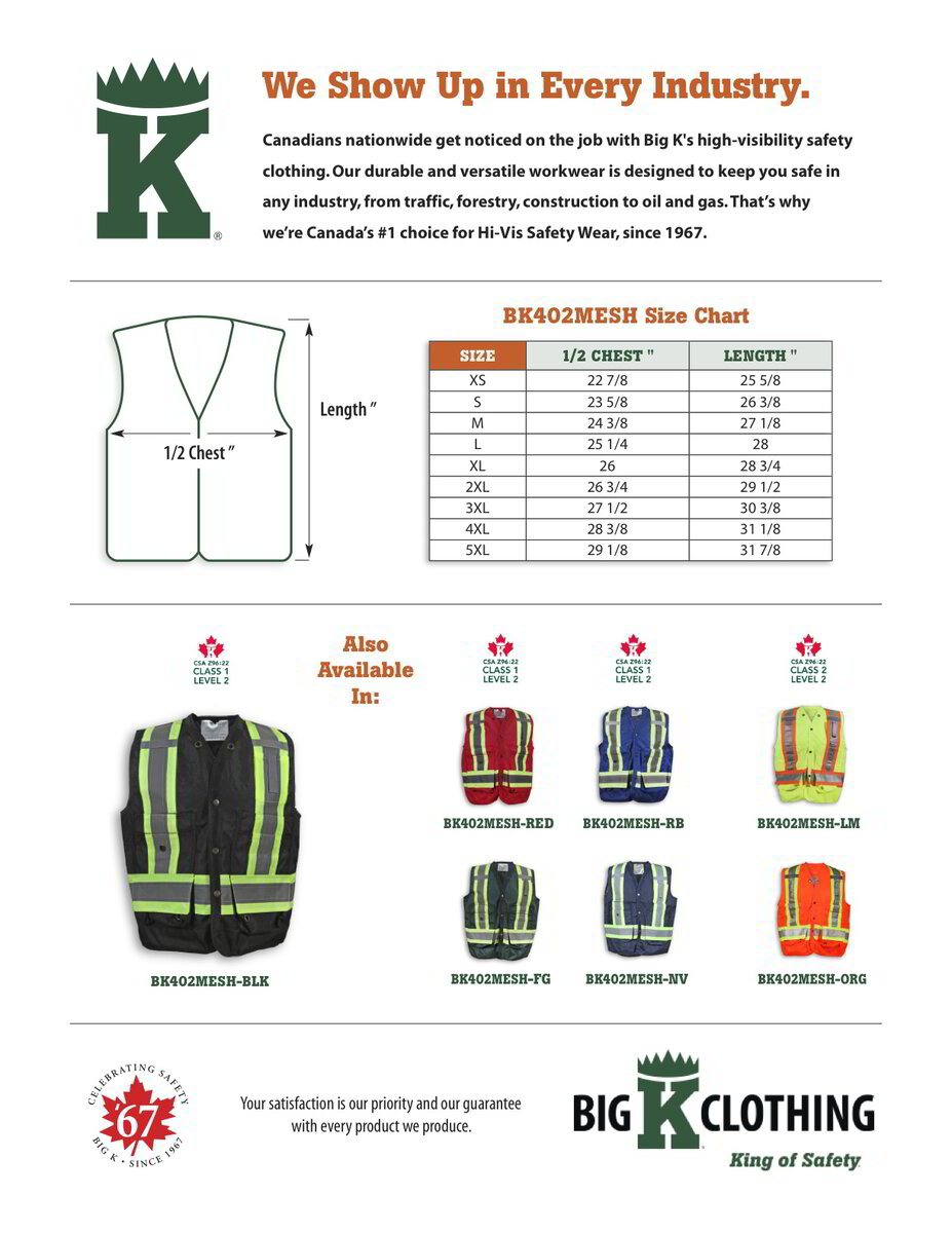 BK402BLK-MESH Size Chart