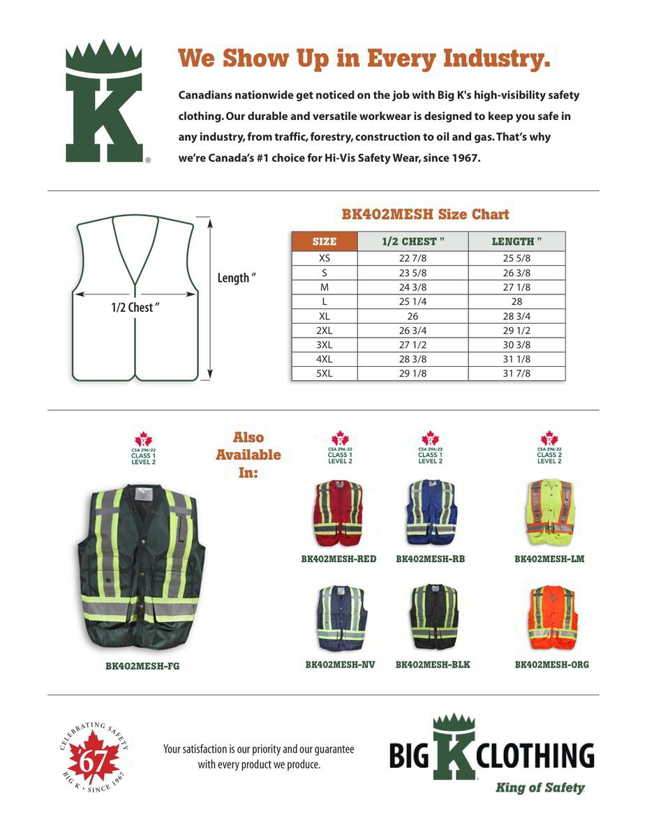BK402FG-MESH Size Chart